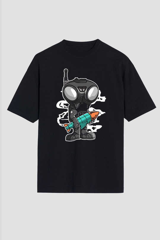 Q9-O Rocket Baskılı Siyah Unisex Oversize Tişört