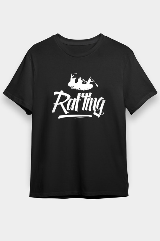 Rafting Baskılı Unisex Siyah Tişört - Tshirt