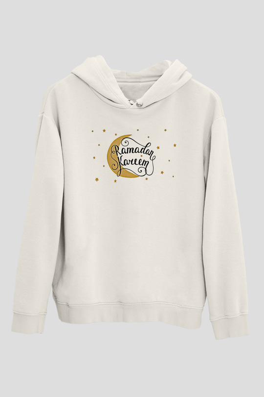 Ramazan Bayramı Baskılı Beyaz Unisex Kapüşonlu Sweatshirt