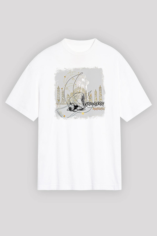 Ramazan Bayramı Baskılı Beyaz Unisex Oversize Tişört - Tshirt