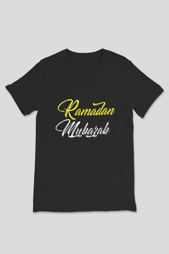 Ramazan Bayramı Baskılı Unisex Siyah V Yaka Tişört - Tshirt
