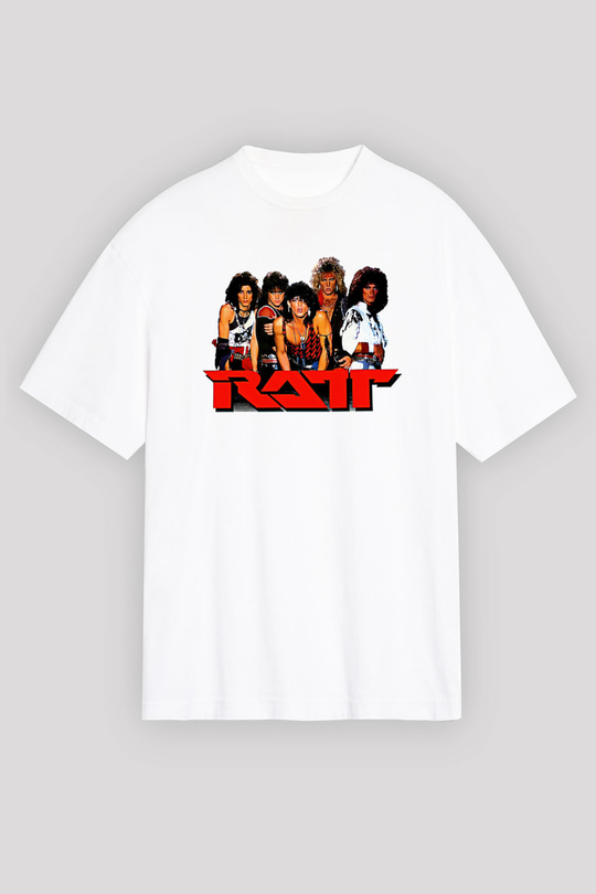 Ratt Baskılı Beyaz Unisex Oversize Tişört - Tshirt