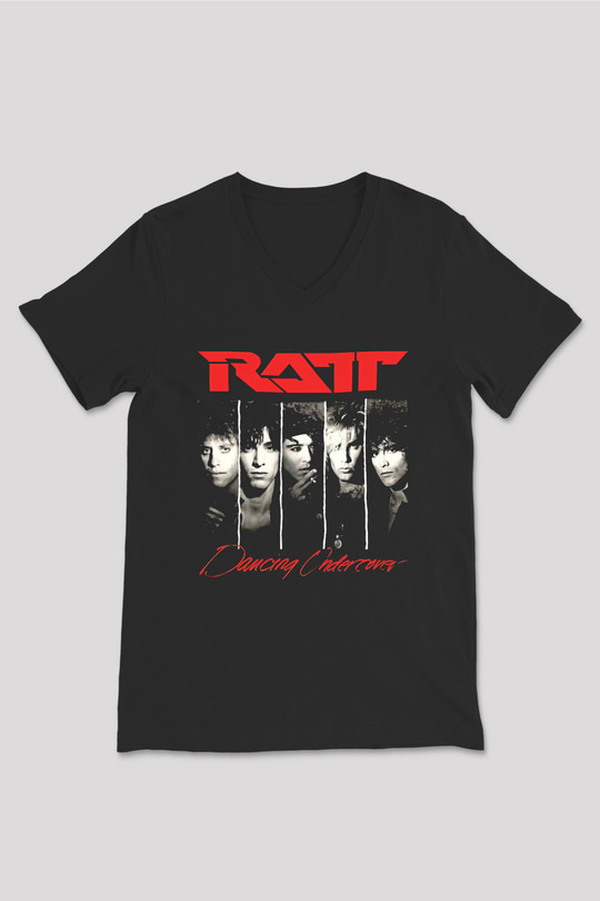 Ratt Baskılı Unisex Siyah V Yaka Tişört - Tshirt