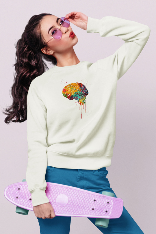 Renkli Akışkan İnsan Beyni Baskılı Unisex Ekru Sweatshirt
