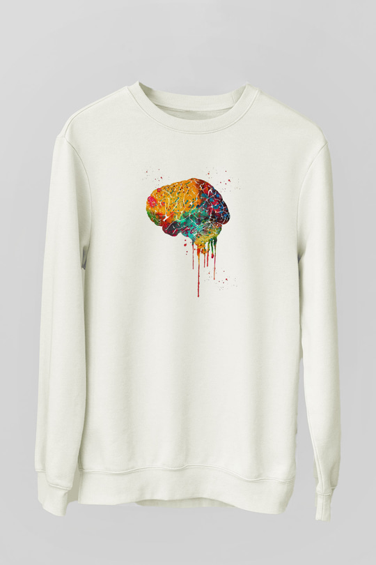 Renkli Akışkan İnsan Beyni Baskılı Unisex Ekru Sweatshirt
