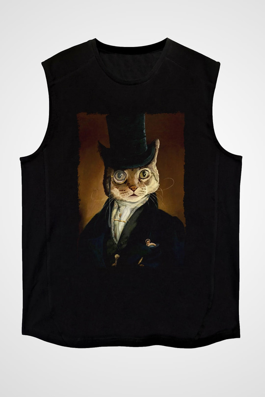 Retro Kedi Tablo Baskılı Siyah  Kolsuz Tişört