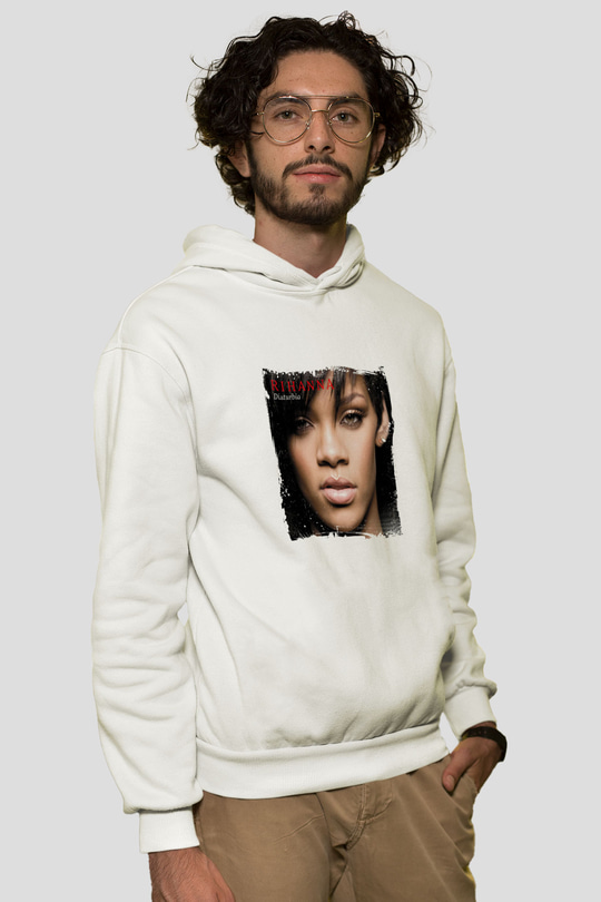 Rihanna Baskılı Unisex Beyaz Kapüşonlu Sweatshirt