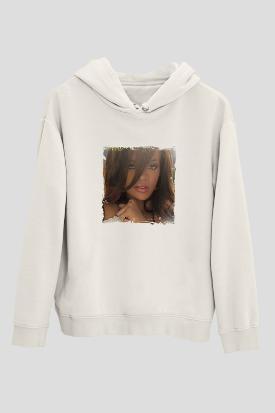 Rihanna Baskılı Unisex Beyaz Kapüşonlu Sweatshirt