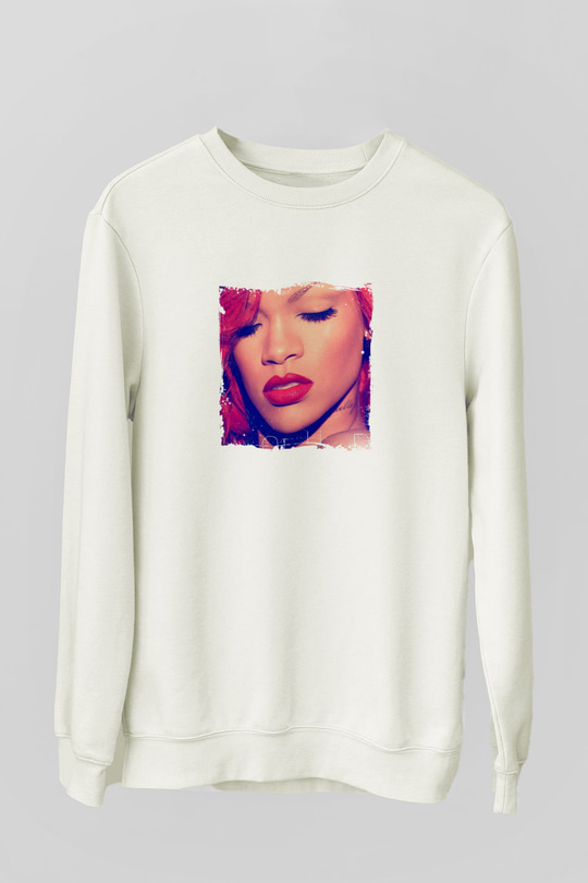 Rihanna Baskılı Unisex Beyaz Sweatshirt