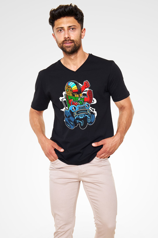 Road Daft Punk Baskılı Siyah Unisex V Yaka Tişört