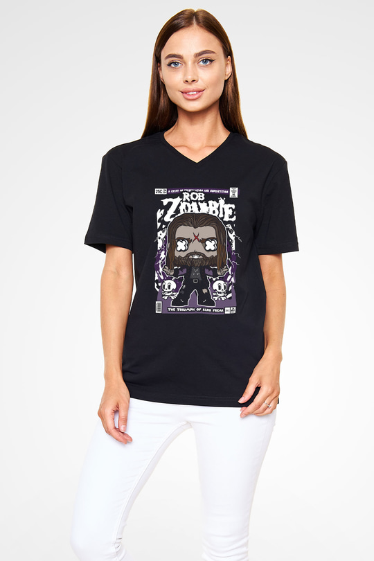 Rob Zombie Baskılı Unisex Siyah V Yaka Tişört