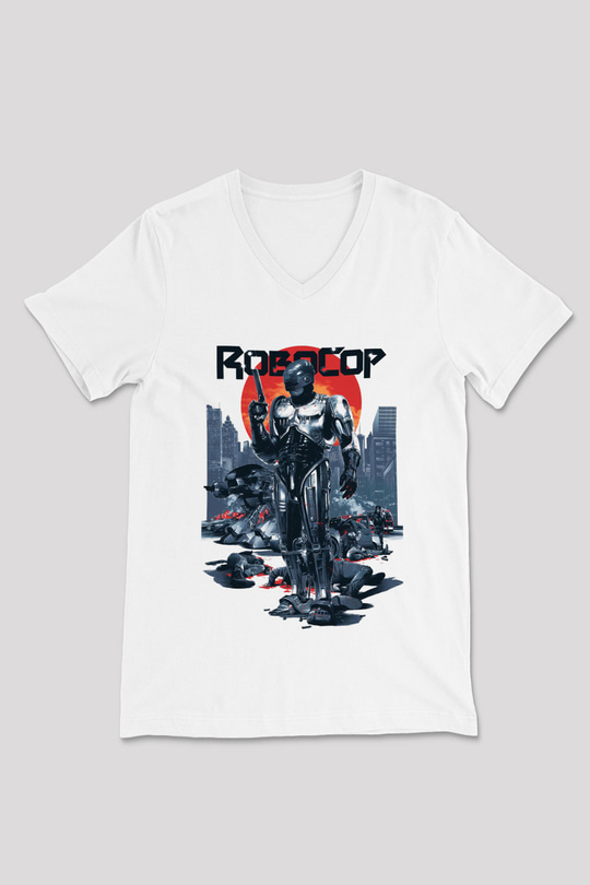 RoboCop Beyaz Unisex V Yaka Tişört T-Shirt