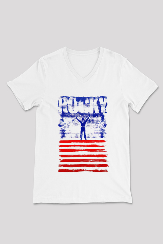 Rocky Beyaz Unisex V Yaka Tişört T-Shirt