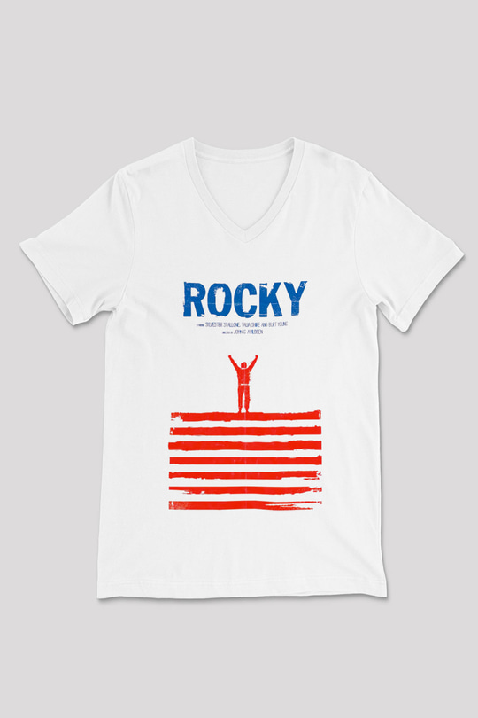 Rocky Beyaz Unisex V Yaka Tişört T-Shirt