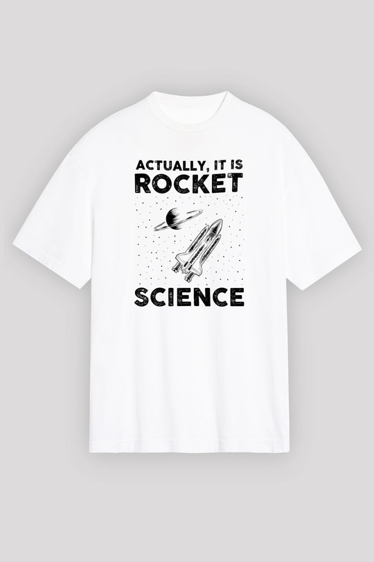 Roket Bilim Baskılı Unisex Oversize Beyaz Tişört - Tshirt