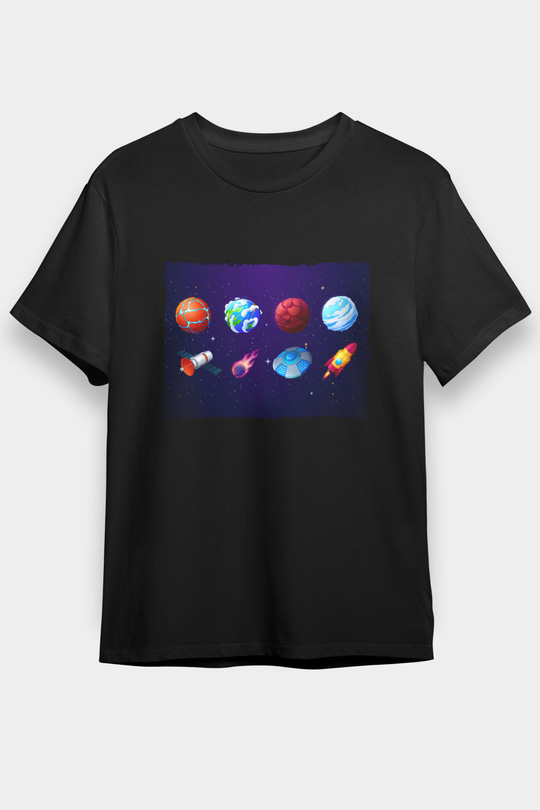 Roketler Ve Gezegenler Baskılı Unisex Siyah Tişört