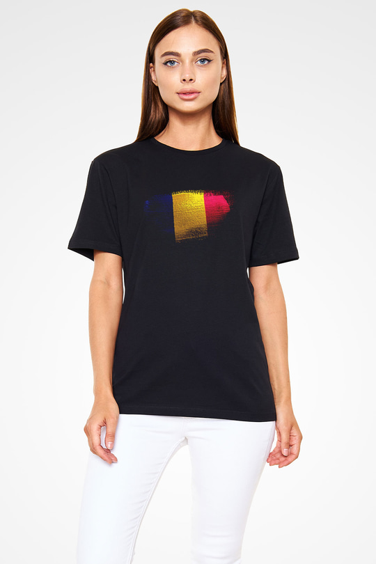 Romanya - Romania Bayrağı Baskılı Unisex Siyah Tişört