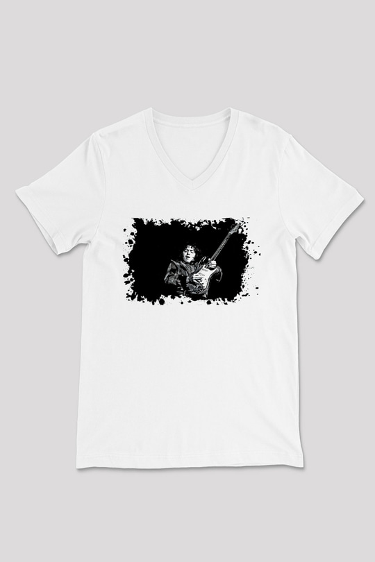 Rory Gallagher Baskılı Beyaz Unisex V Yaka Tişört - Tshirt