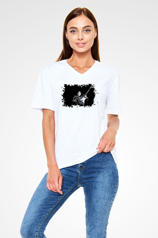 Rory Gallagher Baskılı Beyaz Unisex V Yaka Tişört - Tshirt