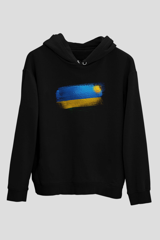 Ruanda - Rwanda Bayrağı Baskılı Unisex Siyah Kapüşonlu Sweatshirt