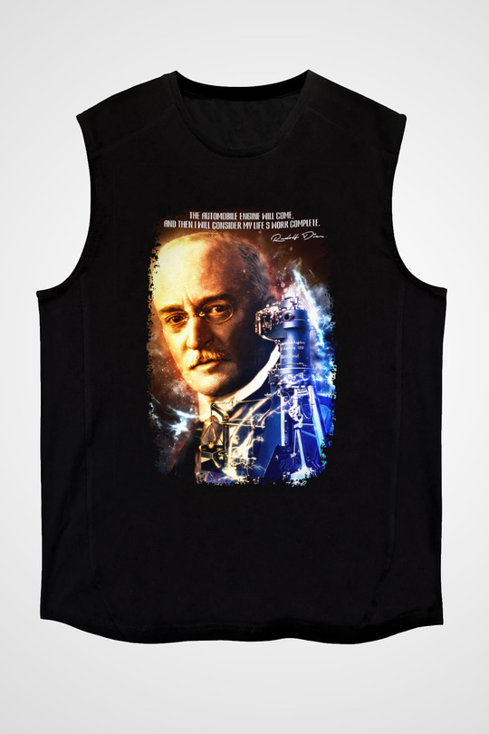 Rudolf Diesel Baskılı Unisex Kolsuz Siyah Tişört - Tshirt