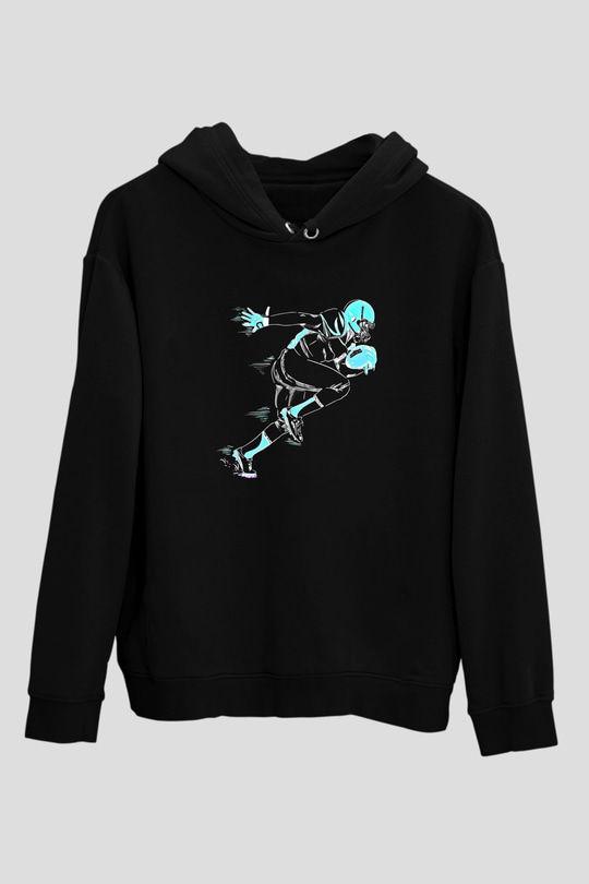 Rugby Baskılı Unisex Siyah Kapüşonlu Sweatshirt