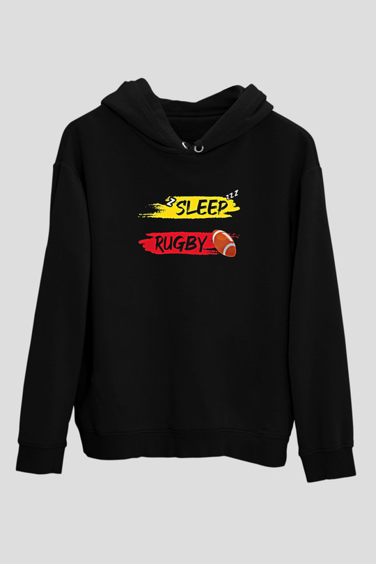 Rugby Baskılı Unisex Siyah Kapüşonlu Sweatshirt