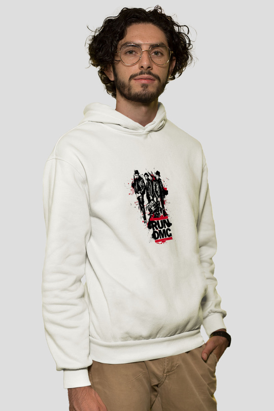 Run DMC Baskılı Unisex Beyaz Kapüşonlu Sweatshirt