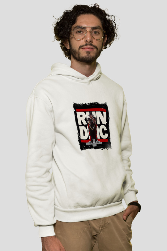 Run DMC Baskılı Unisex Beyaz Kapüşonlu Sweatshirt