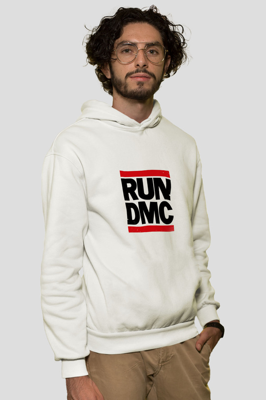 Run DMC Baskılı Unisex Beyaz Kapüşonlu Sweatshirt