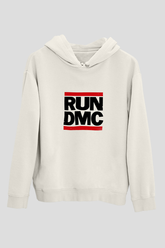 Run DMC Baskılı Unisex Beyaz Kapüşonlu Sweatshirt