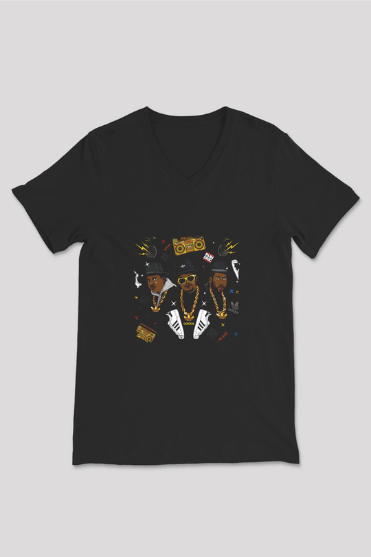 Run DMC Baskılı Unisex Siyah V Yaka Tişört