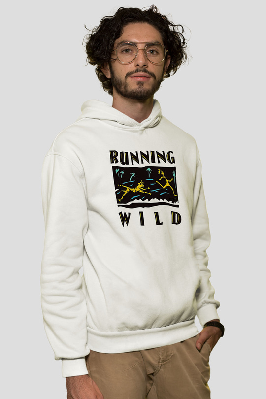 Running Wild Baskılı Beyaz Unisex Kapüşonlu Sweatshirt