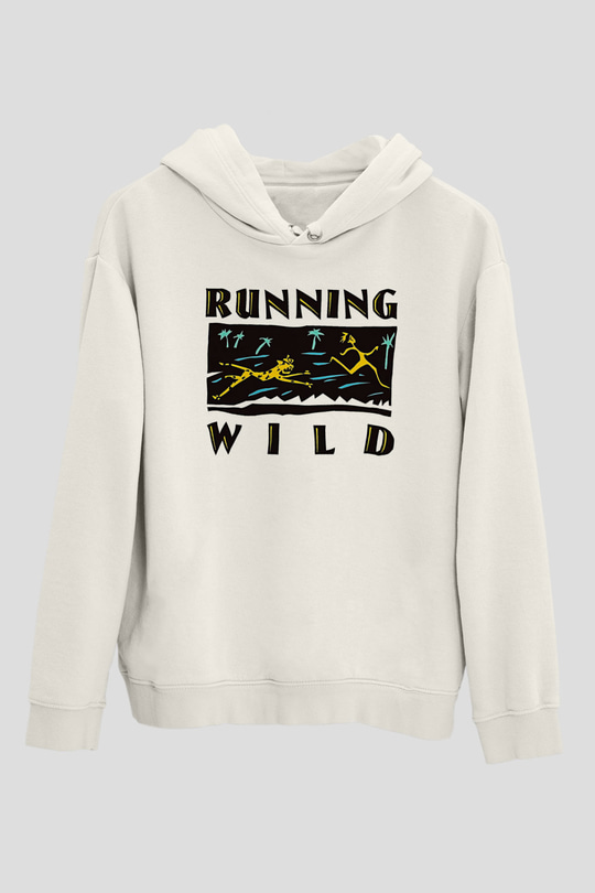 Running Wild Baskılı Beyaz Unisex Kapüşonlu Sweatshirt