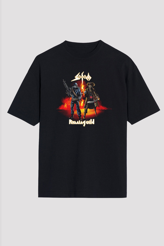 Running Wild Baskılı Unisex Siyah Oversize Tişört - Tshirt