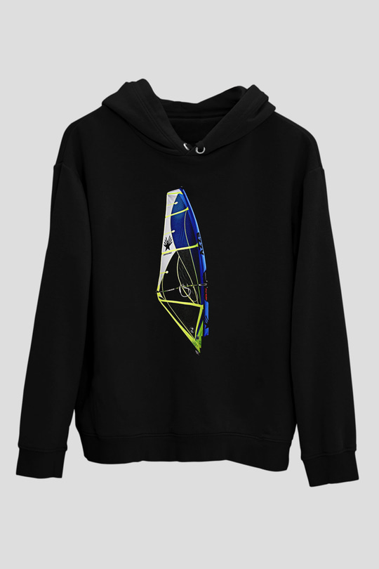 Rüzgar Sörfü - Windsurf Baskılı Unisex Siyah Kapüşonlu Sweatshirt