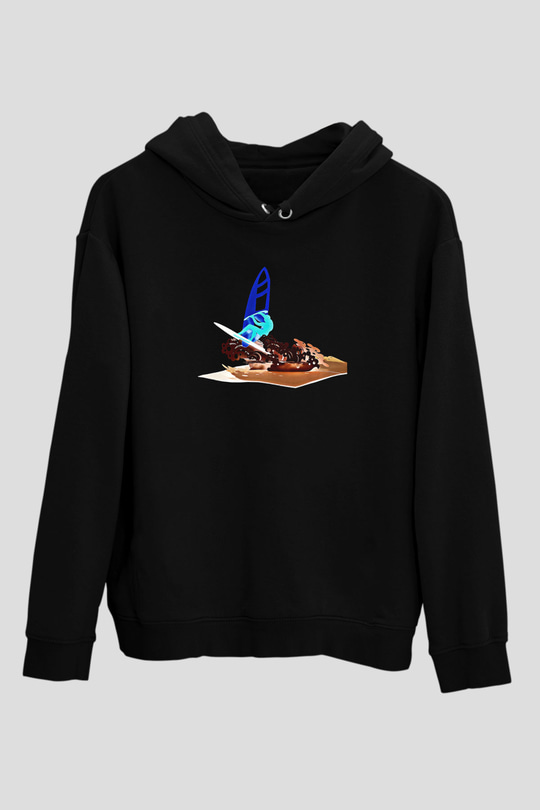 Rüzgar Sörfü - Windsurf Baskılı Unisex Siyah Kapüşonlu Sweatshirt