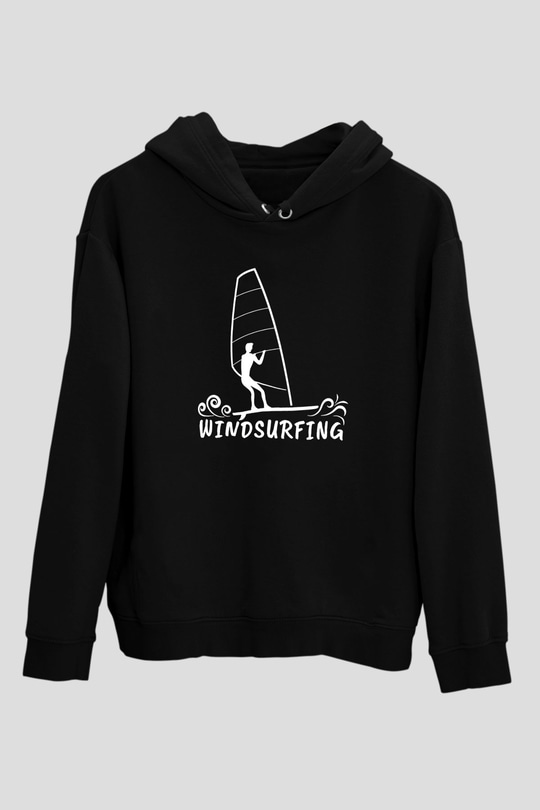 Rüzgar Sörfü - Windsurf Baskılı Unisex Siyah Kapüşonlu Sweatshirt