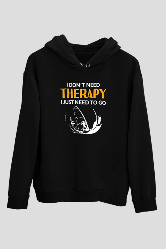 Rüzgar Sörfü - Windsurf Baskılı Unisex Siyah Kapüşonlu Sweatshirt