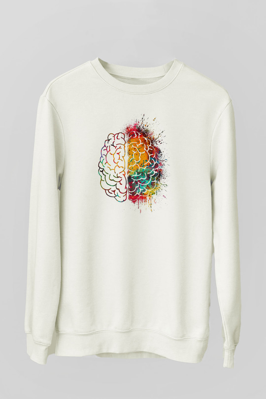 Sağ ve Sol Beyin Baskılı Unisex Ekru Sweatshirt