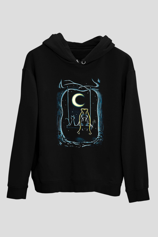 Sailor Moon Baskılı Unisex Siyah Hoodie