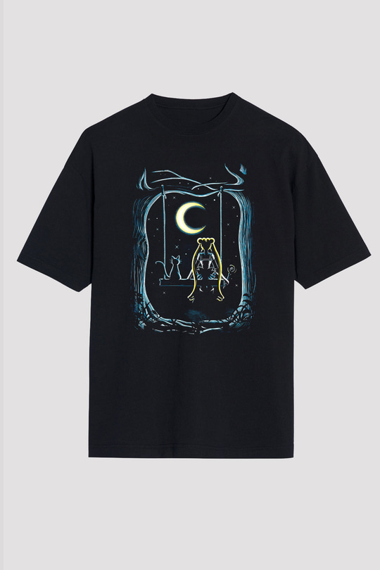 Sailor Moon Baskılı Unisex Siyah Oversize Tişört - Tshirt