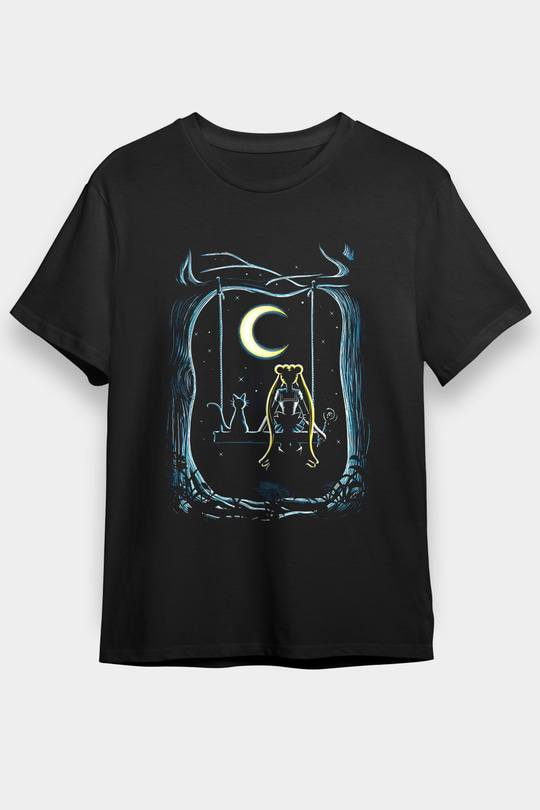 Sailor Moon Baskılı Unisex Siyah Tişört - Tshirt