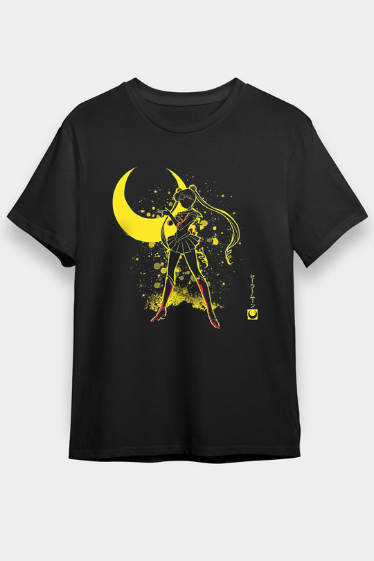 Sailor Moon Baskılı Unisex Siyah Tişört - Tshirt