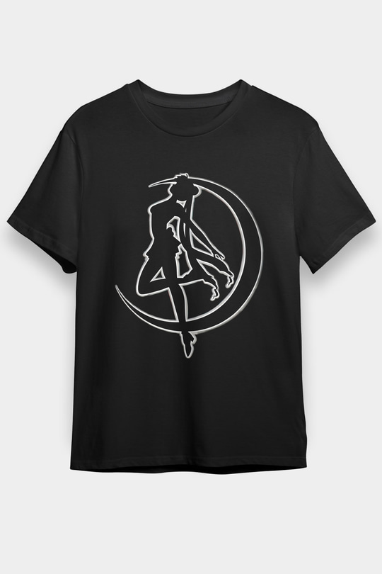 Sailor Moon Baskılı Unisex Siyah Tişört - Tshirt