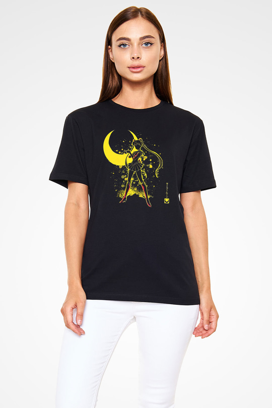 Sailor Moon Baskılı Unisex Siyah Tişört - Tshirt