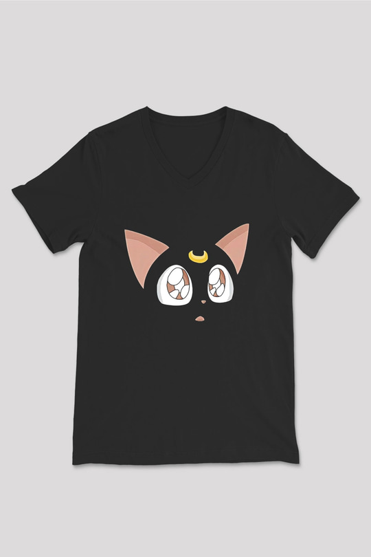 Sailor Moon Baskılı Unisex Siyah V Yaka Tişört - Tshirt