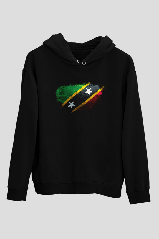 Saint Kitts ve Nevis Bayrağı Baskılı Unisex Siyah Kapüşonlu Sweatshirt