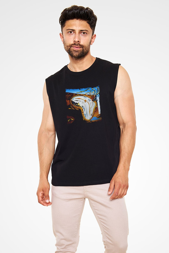 Salvador Dali Baskılı Unisex Siyah Kolsuz Tişört