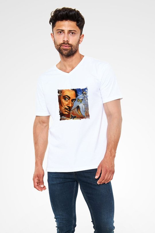 Salvador Dali Baskılı V Yaka Unisex Beyaz Tişört